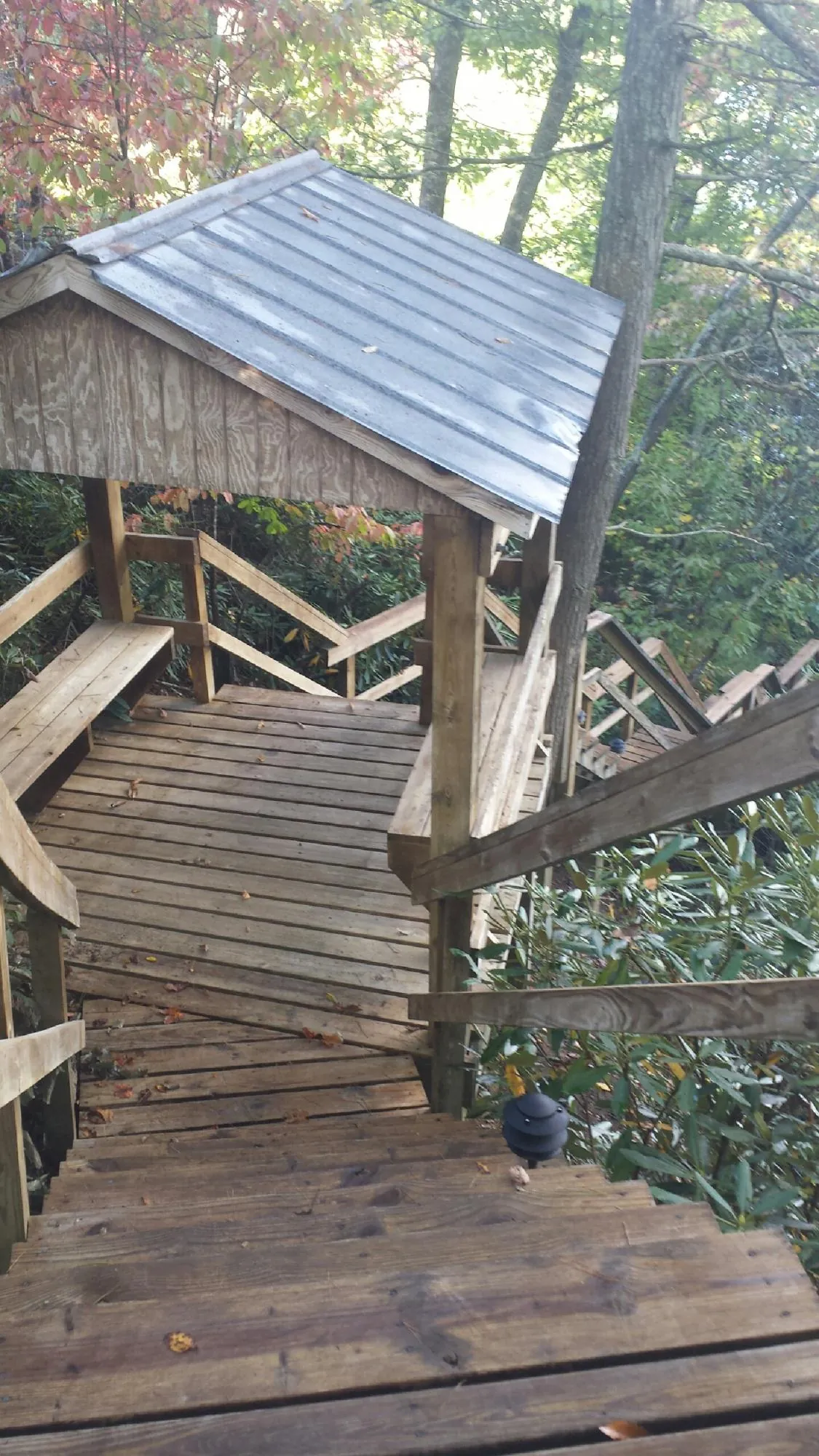 Metal roofed shelter over wooden steps on a wooded walkway — Skylight Repair & Installation work by our crew in Ville Platte